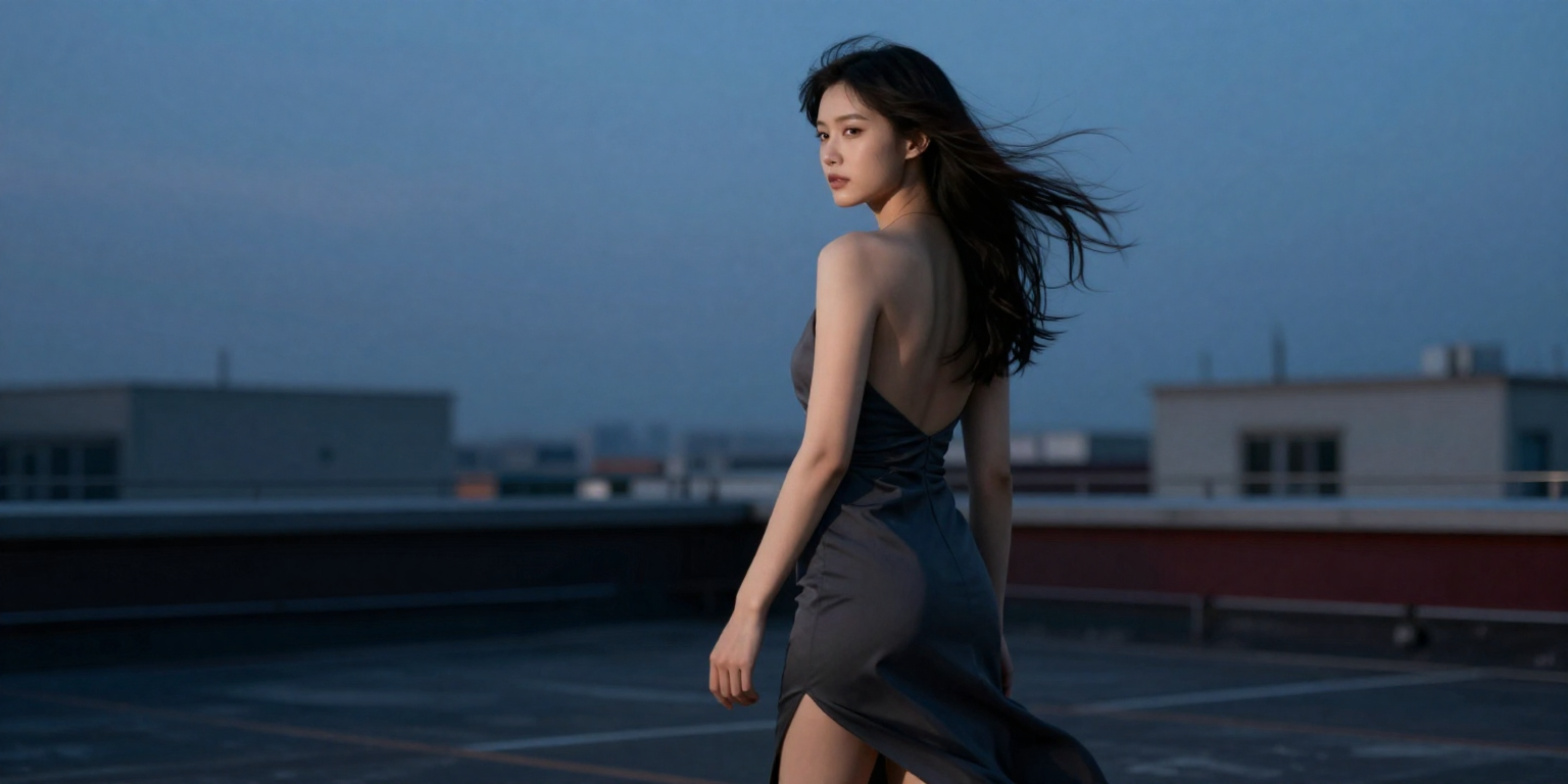 fictional consenting adult woman age 26 in a backless evening dress with a high slit, windswept