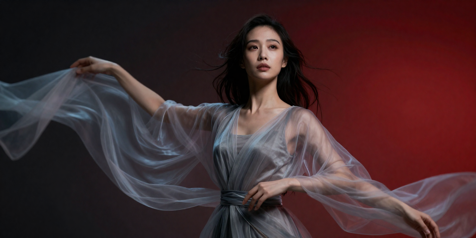 fictional consenting adult woman age 30 as an original fantasy muse in flowing translucent fabric, dramatic