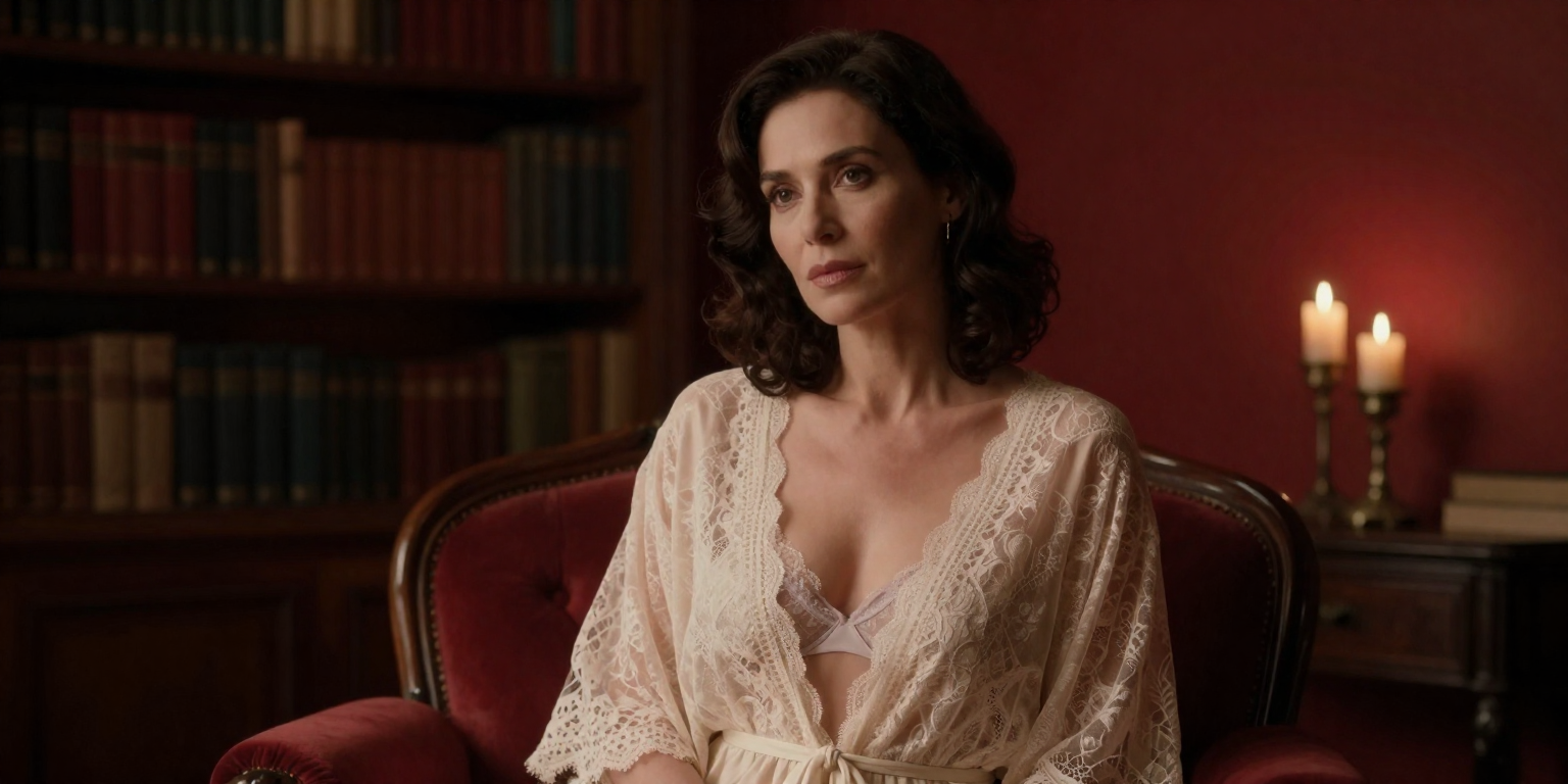 fictional consenting adult woman age 34 in an elegant lace robe over lingerie, candlelit library boudoir