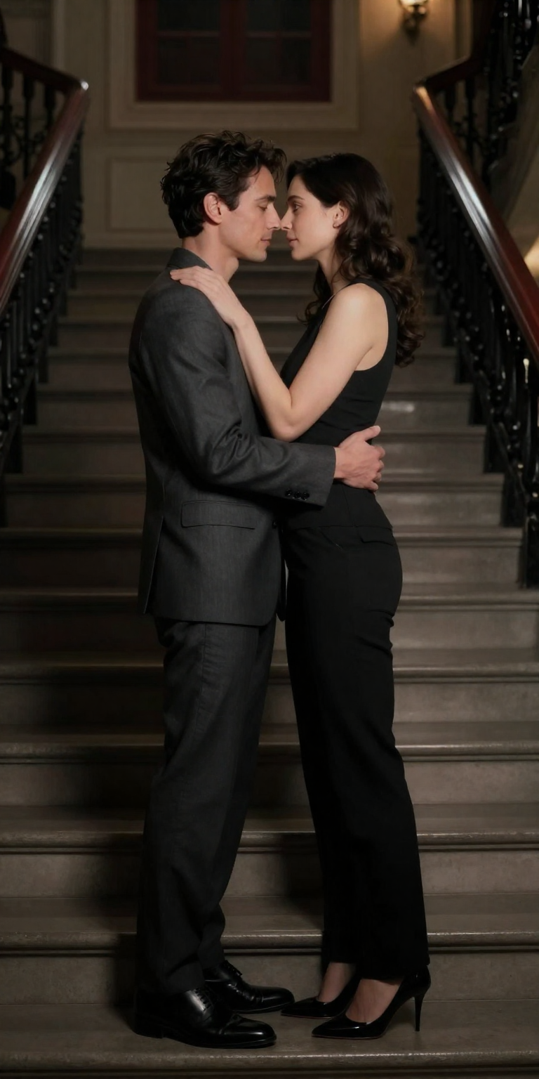two fictional consenting adults age 30 and 33 in an intimate romantic embrace on a grand