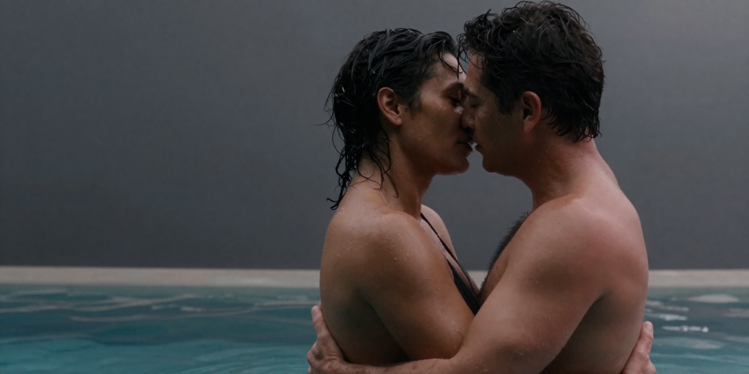 two fictional consenting adults age 30 and 33 in an intimate romantic embrace beside an infinity