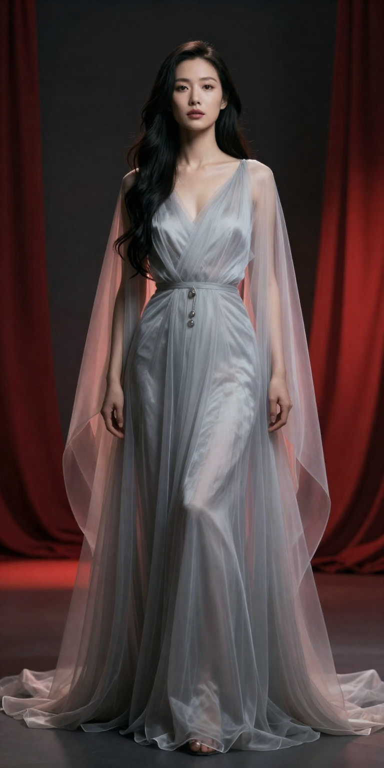 fictional consenting adult woman age 30 as an original fantasy muse in cascading translucent fabric, towering