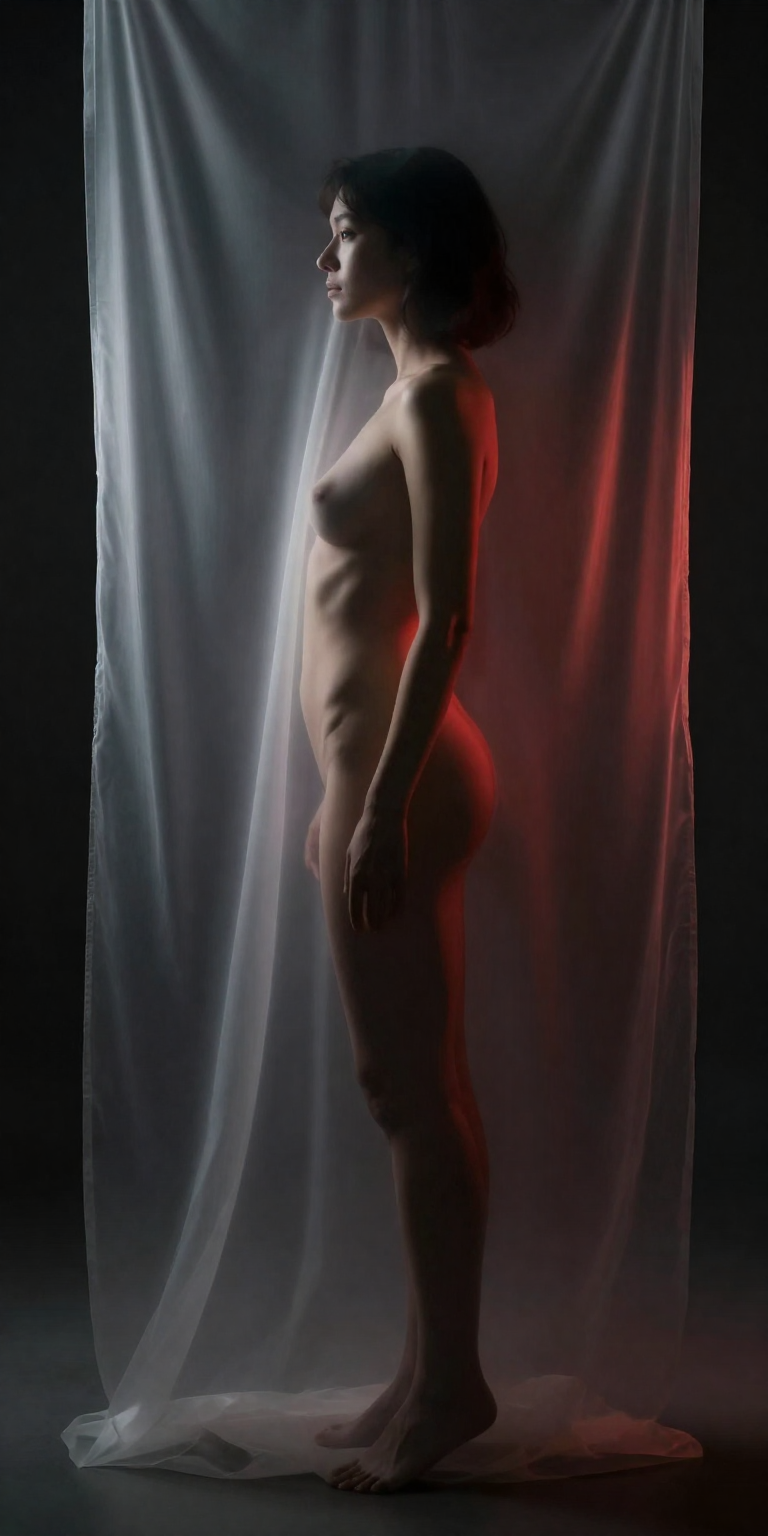 fictional consenting adult woman age 31 in a tasteful artistic nude silhouette behind floor-length translucent drapery,