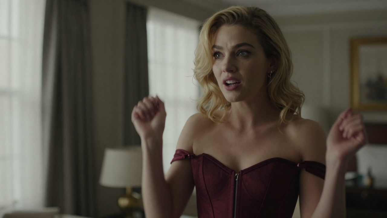 Fictional consenting adult woman age 25, blonde, burgundy corset, playful over-the-shoulder glance in a luxury hotel